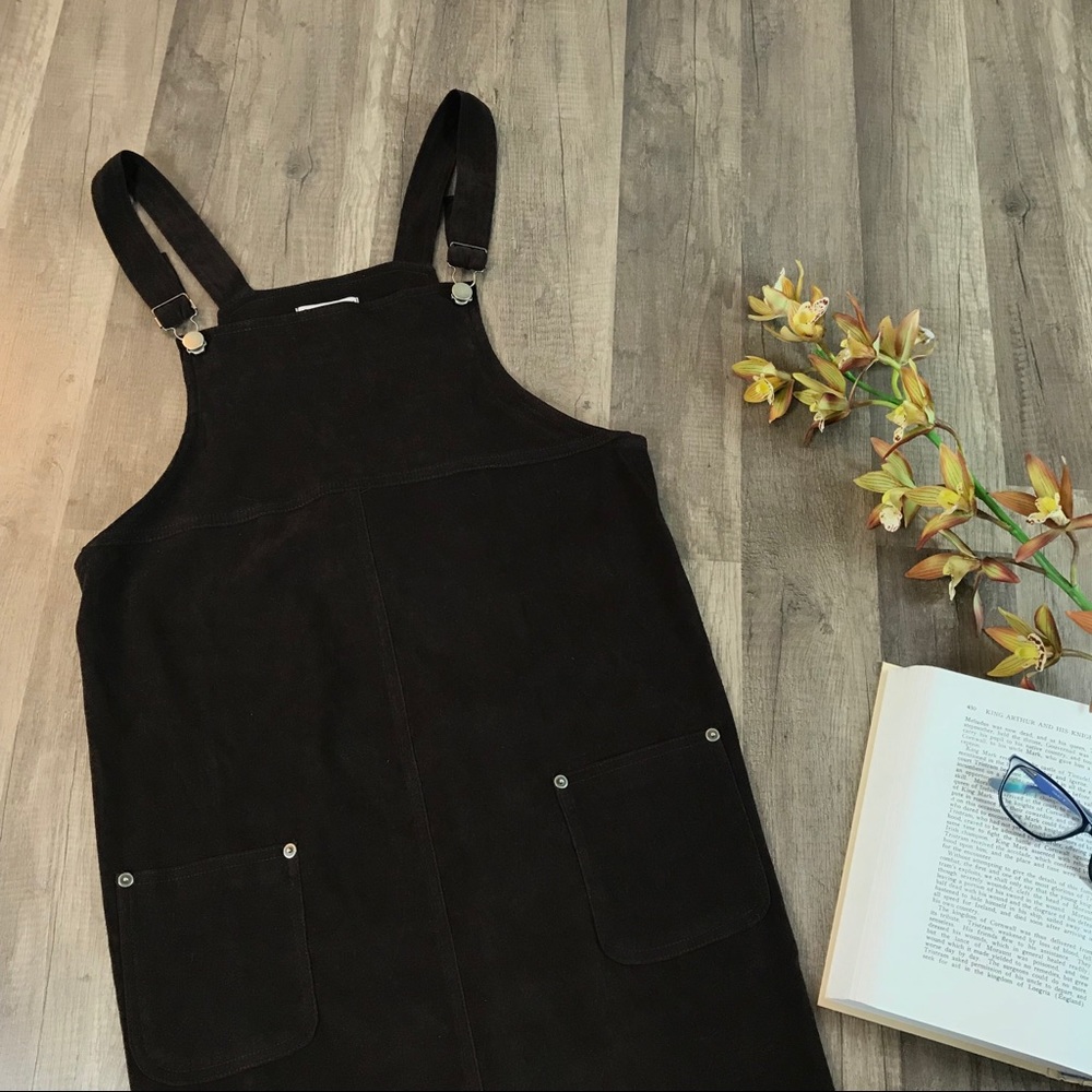90s Vtg Dark Brown Overall Midi Dress w/Pockets